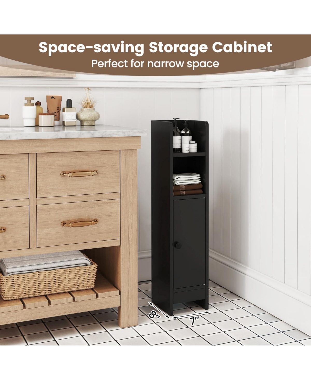 Volenca Space-Saving Corner Bathroom Slim Cabinet with Door and Adjustable Shelf