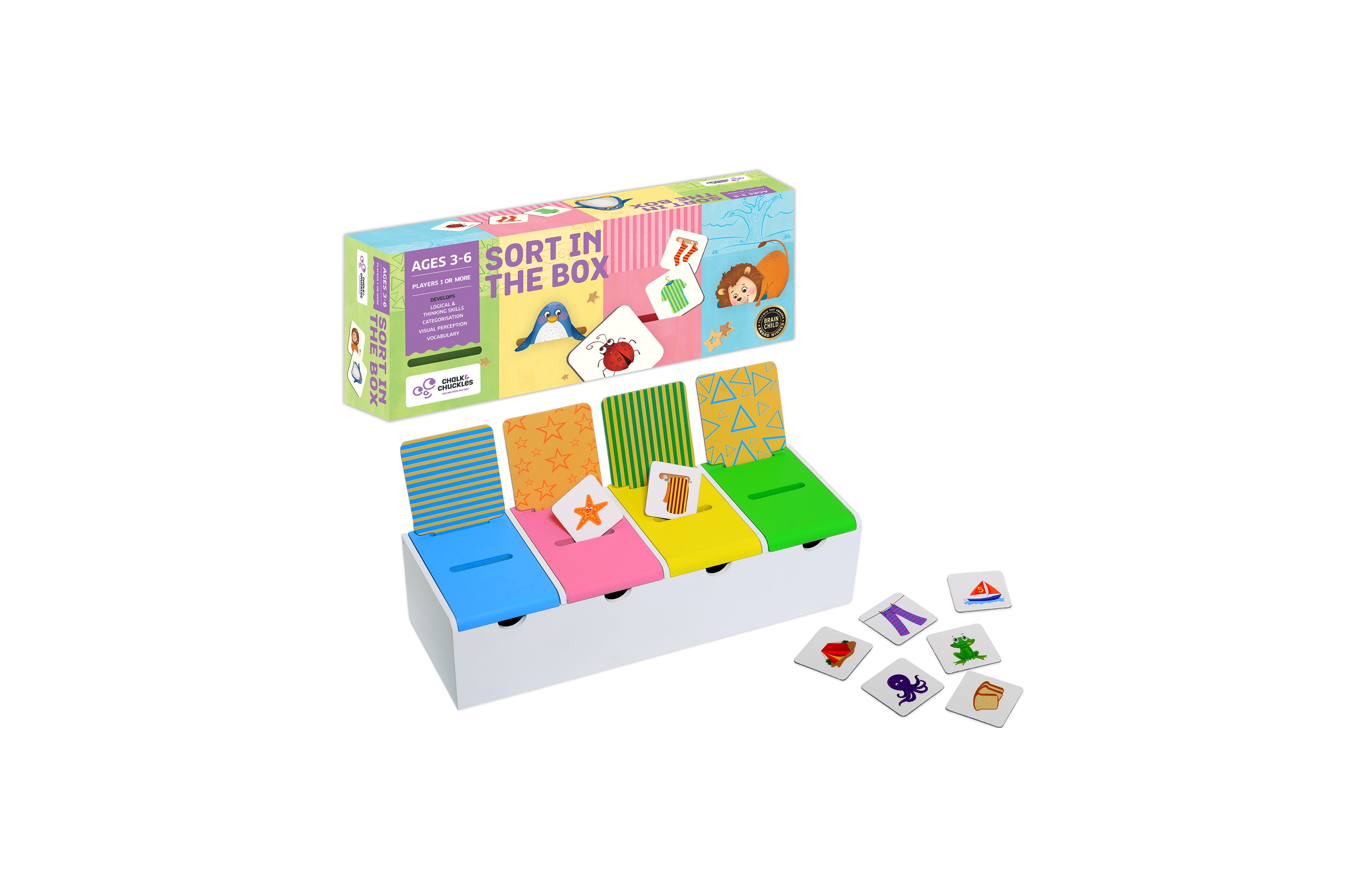 Chalk & Chuckles Sort in the Box Language Skills 60-Tile Learning Game, Ages 3+