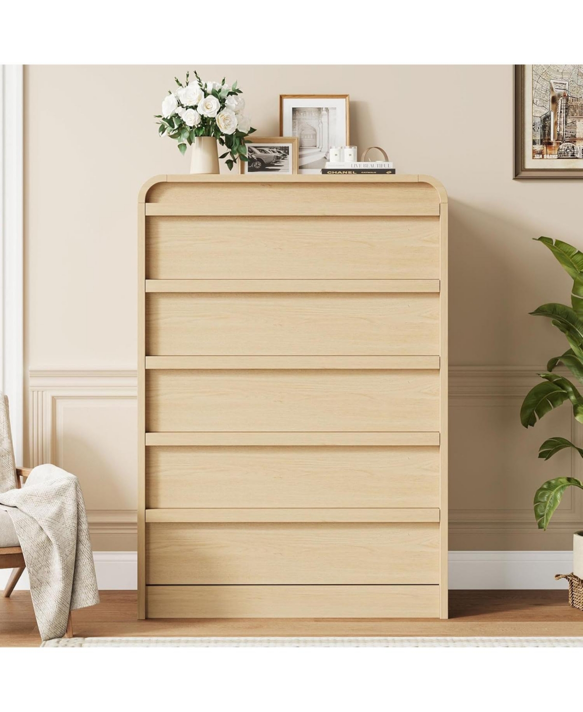 gaomon Arched 5 Drawer Dresser for Bedroom, 45in Tall Wooden 5 Chest of Drawers with Curved Profile Design, Modern Closet Storage Organizer