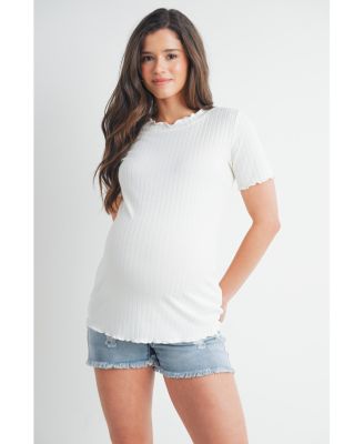 Women's Maternity Ribbed Crew Neck Short Sleeve Top with Lettuce Hem