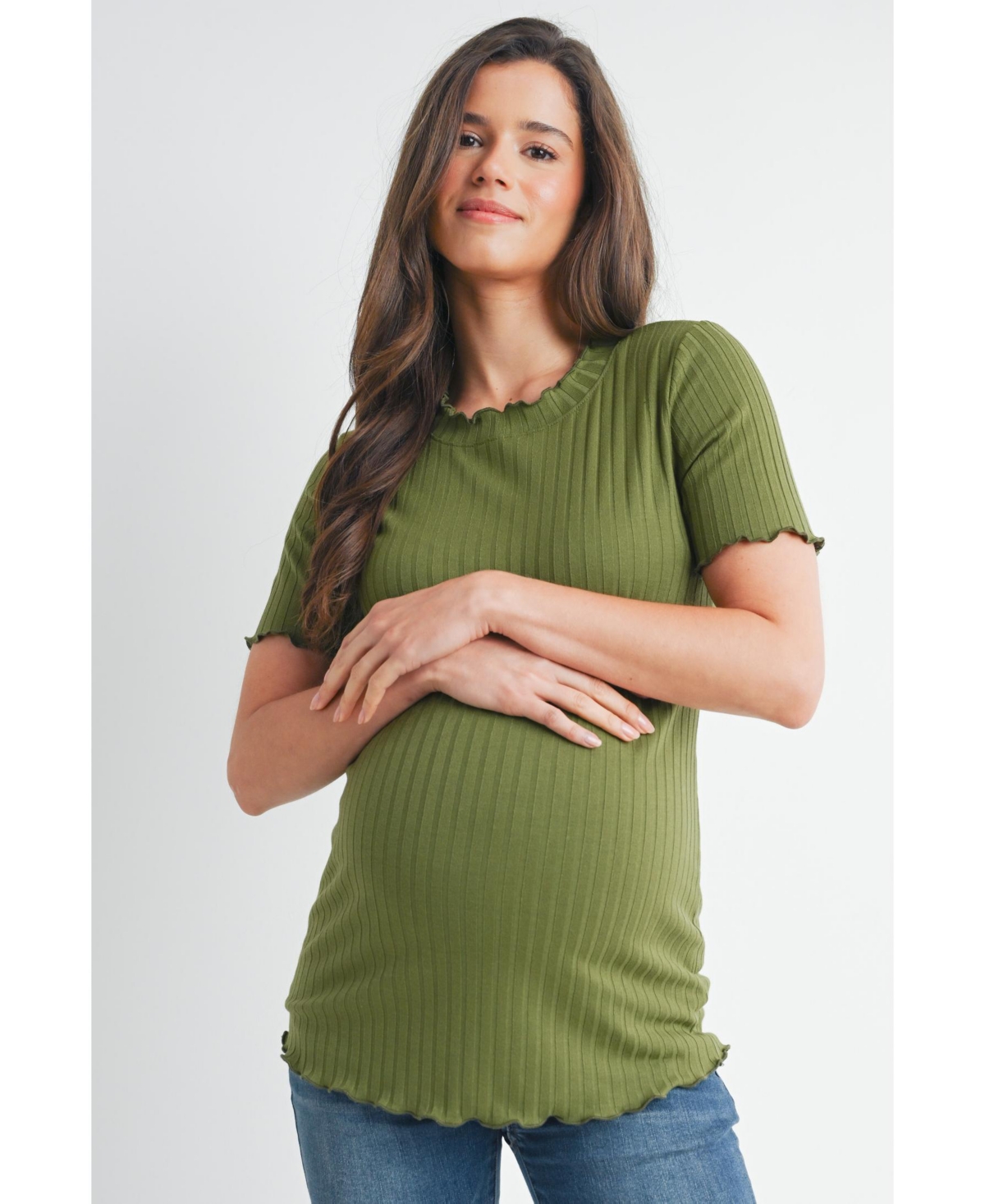 Hello Miz Women's Maternity Ribbed Crew Neck Short Sleeve Top with Lettuce Hem - Olive