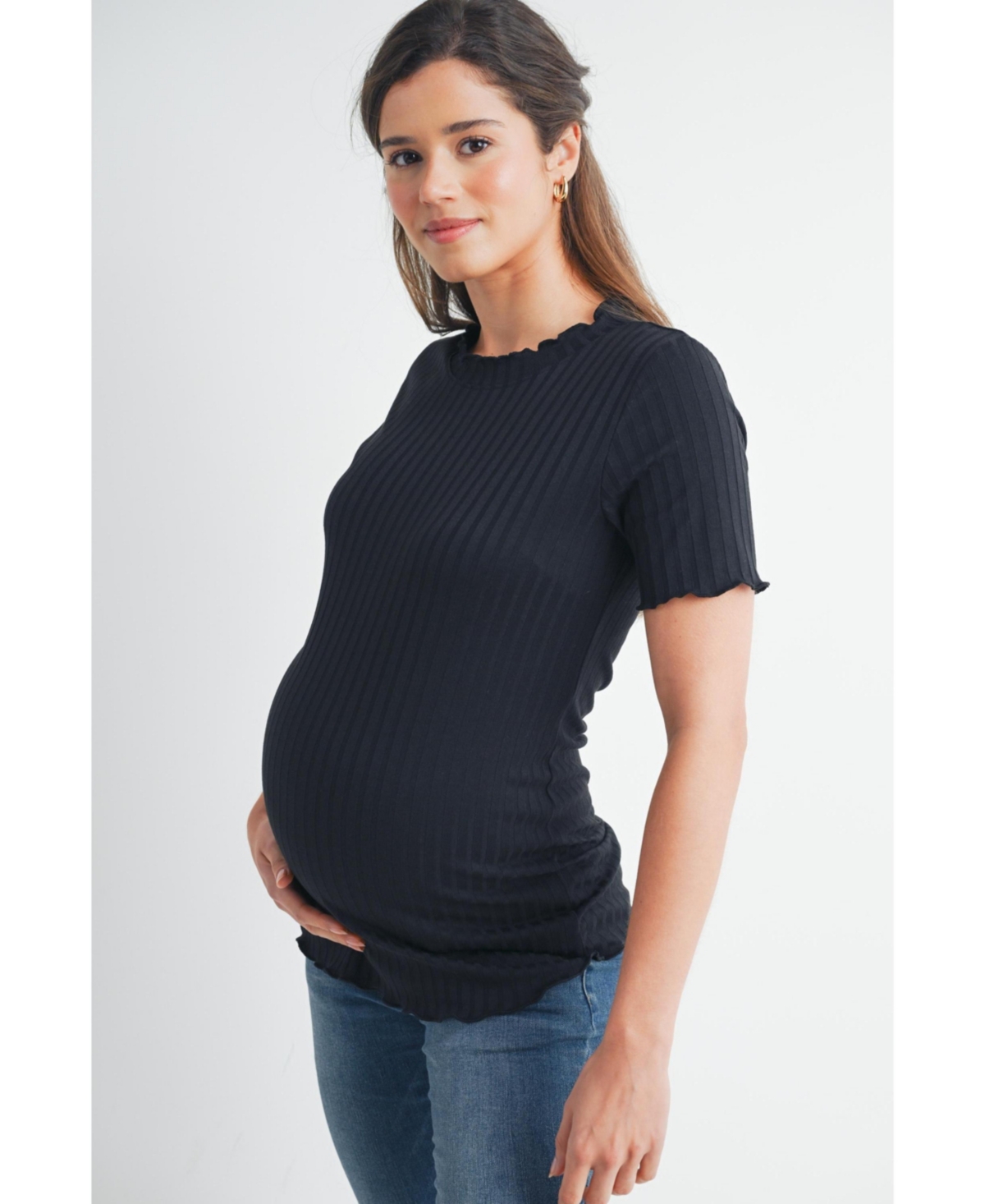 Hello Miz Women's Maternity Ribbed Crew Neck Short Sleeve Top with Lettuce Hem