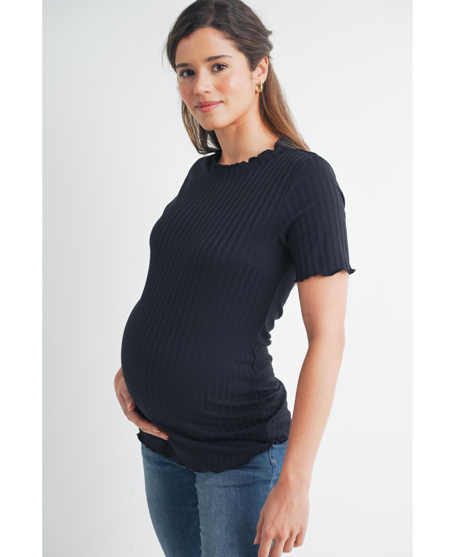 Women's Maternity Ribbed Crew Neck Short Sleeve Top with Lettuce Hem
