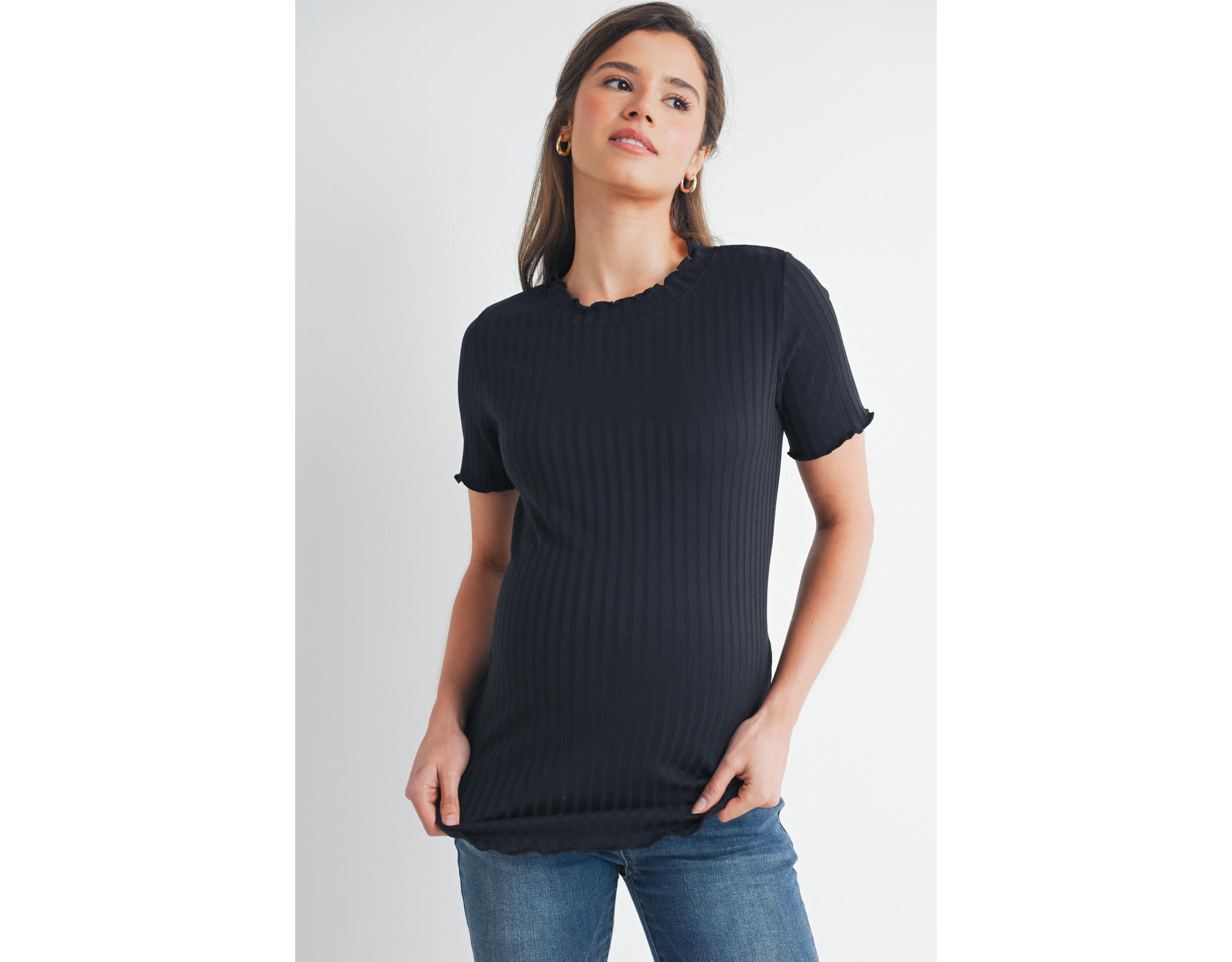 Hello Miz Women's Maternity Ribbed Crew Neck Short Sleeve Top with Lettuce Hem