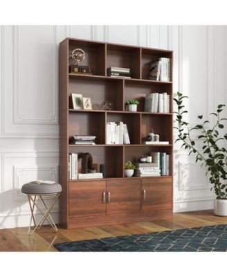 70.87" Tall Bookshelf with 10 Cubes and 3 Doors, 4-Tier Bookshelf, Open Shelf Bookcase with Cabinet, Modern Cube Storage Organizer