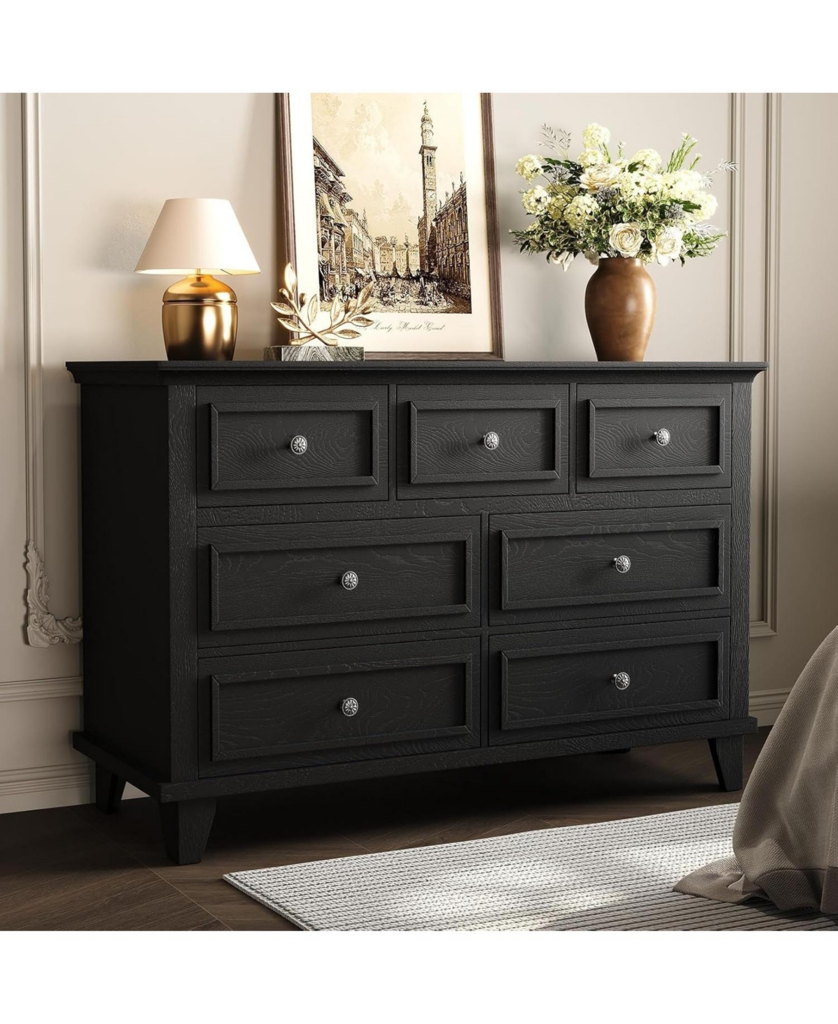 gaomon 7 Drawer Dresser for Bedroom, 47" W Chest of Drawers with Deep Drawers, Closet Dressers with Metal Handle, Thickened Desktop - Black