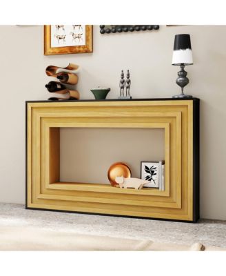 Modern Contrast Entryway Table Console Table with Layered Wood Frame and Black Top