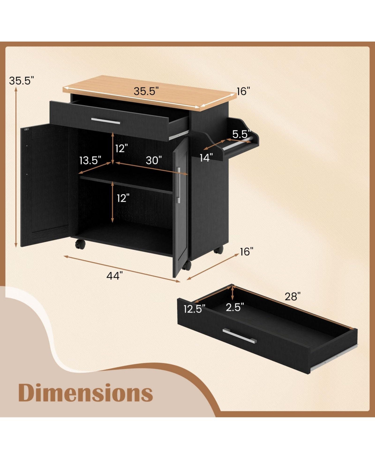 Volenca Kitchen Island Cart with Towel Rack and Spice