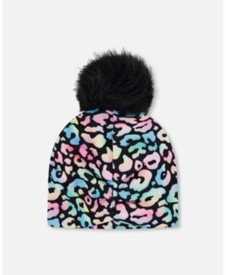 Baby Girls Stretch Jersey Hat Black Animal Print with Pompom