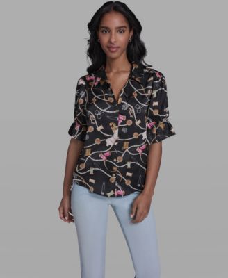 Women's All-Over Sewing Detail Printed Button-Front Blouse