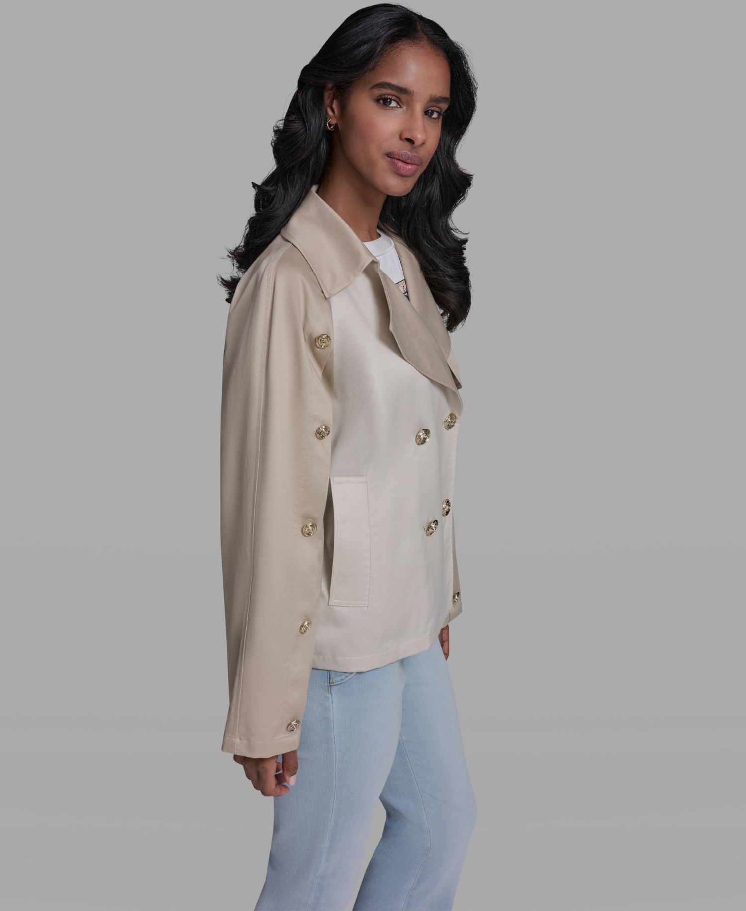 Women's Crop Trench Button-Sleeve Quilted Back Jacket