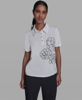 Women's Short-Sleeve Rose Embroidered Collared Blouse
