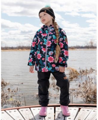 Girl 3-in-1 Two-Piece Mid-Season Outerwear Set Black Printed Flowers - Pink Inner Jacket - Child