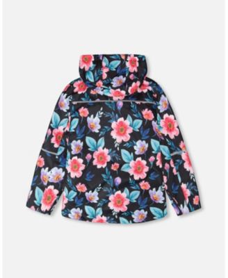 Girl 3-in-1 Two-Piece Mid-Season Outerwear Set Black Printed Flowers - Pink Inner Jacket - Child