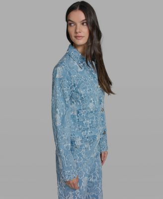 Women's Collared Long-Sleeve Floral Print Denim Jacket