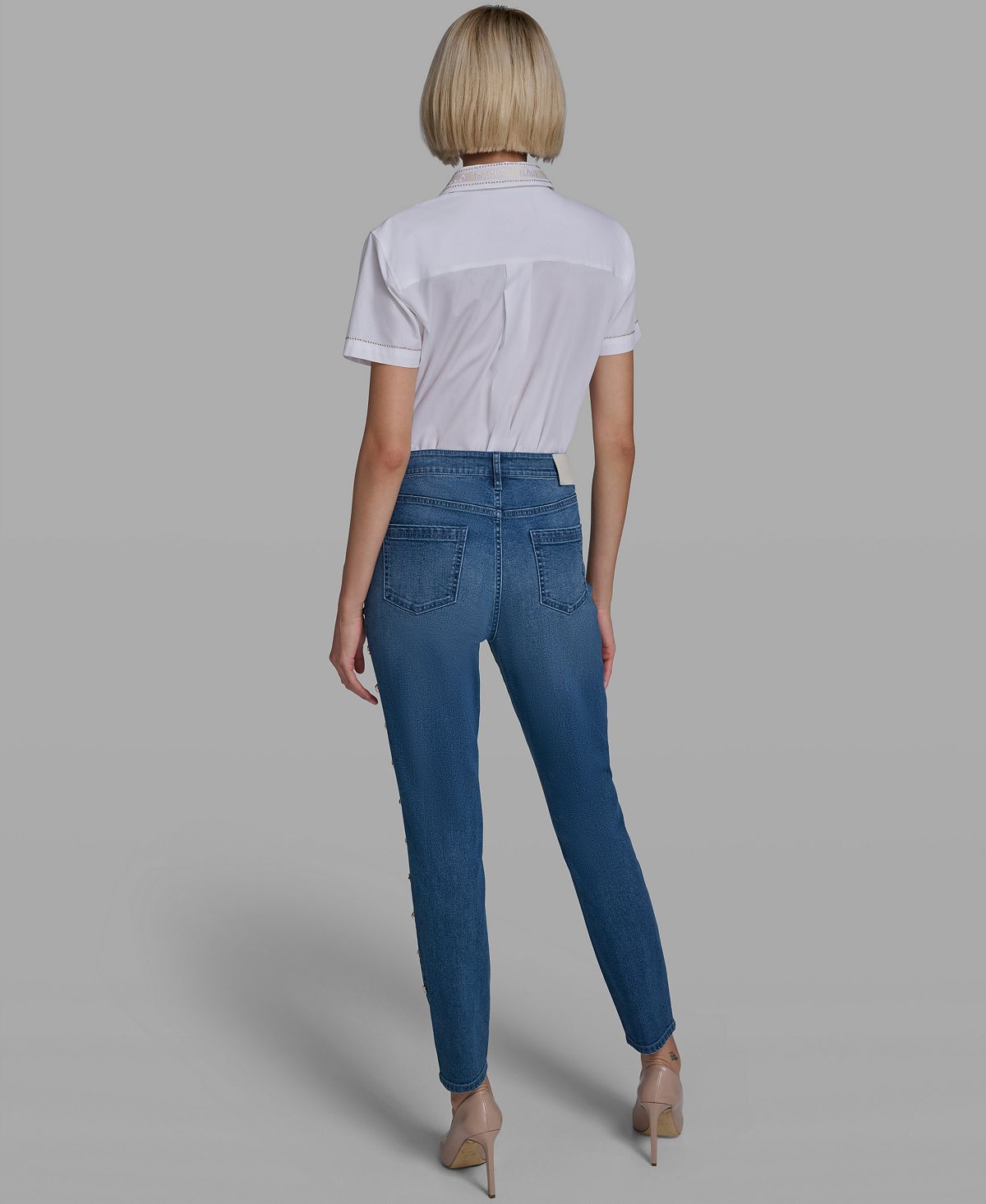KARL LAGERFELD PARIS Women's Mid-Rise Studded Straight Jeans view 7 — MAYCSS fashion products