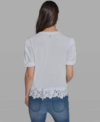 Women's Crew Neck Short-Sleeve Floral Crochet-Trim Top