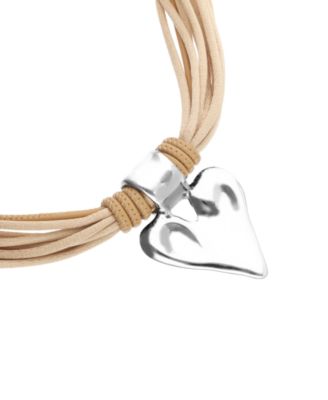 Mixed Beige Silk And Leather Thread Necklace with Sterling Silver Heart Detail