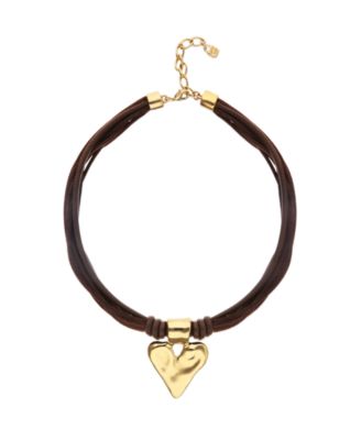 Mixed Dark Brown Silk And Leather Thread Necklace with 18K Gold Heart Detail