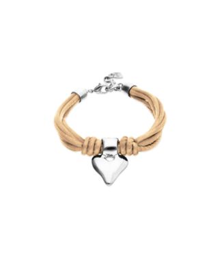 Bracelet with Mix of Silk Effect And Leather Beige Thread And Sterling Silver Heart Detail