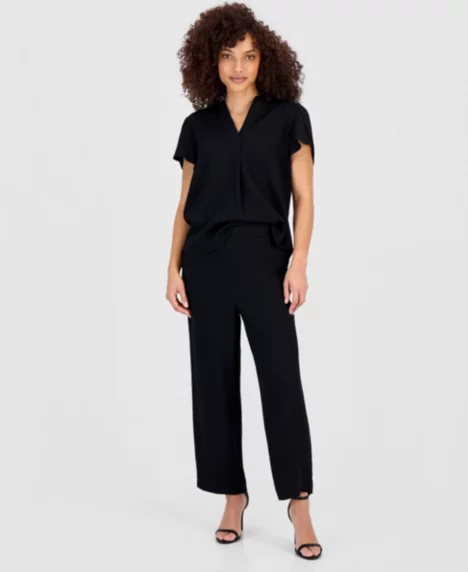 Petite Textured High Rise Pull-On Pants - Anne Black
