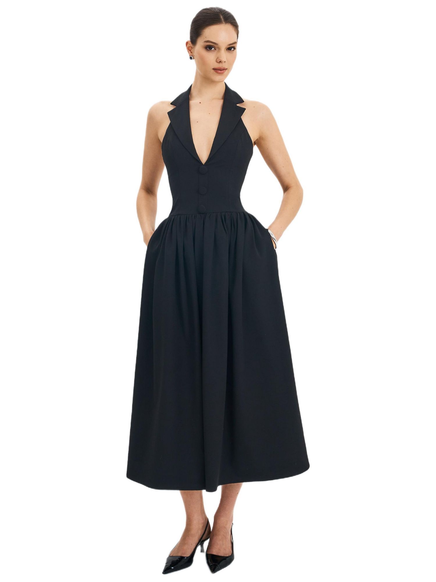 Women's Delaney Black Lapel Halter Midi A-Line Dress