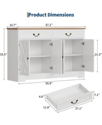 57 Inch Farmhouse Buffet Cabinet with Storage, White Sideboard with 4 Doors & 2 Drawers, Adjustable Shelves Coffee Bar Cabinet