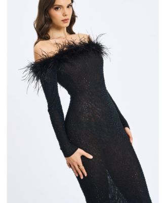 Women's Emberly Black Fur Trimmed Off-Shoulder Rhinestone Mermaid Maxi Dress
