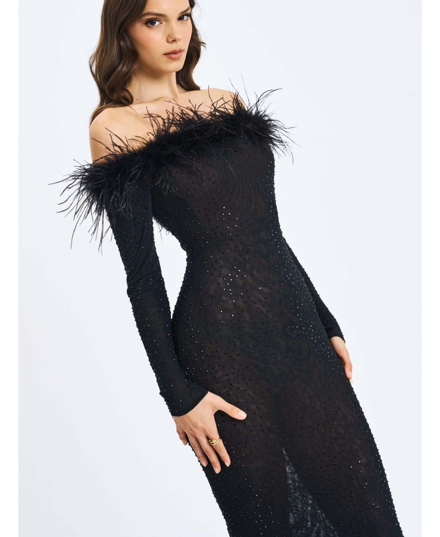 Women's Emberly Black Faux Fur Trimmed Off-Shoulder Rhinestone Mermaid Maxi Dress