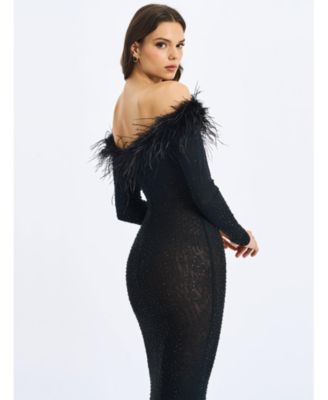 Women's Emberly Black Fur Trimmed Off-Shoulder Rhinestone Mermaid Maxi Dress