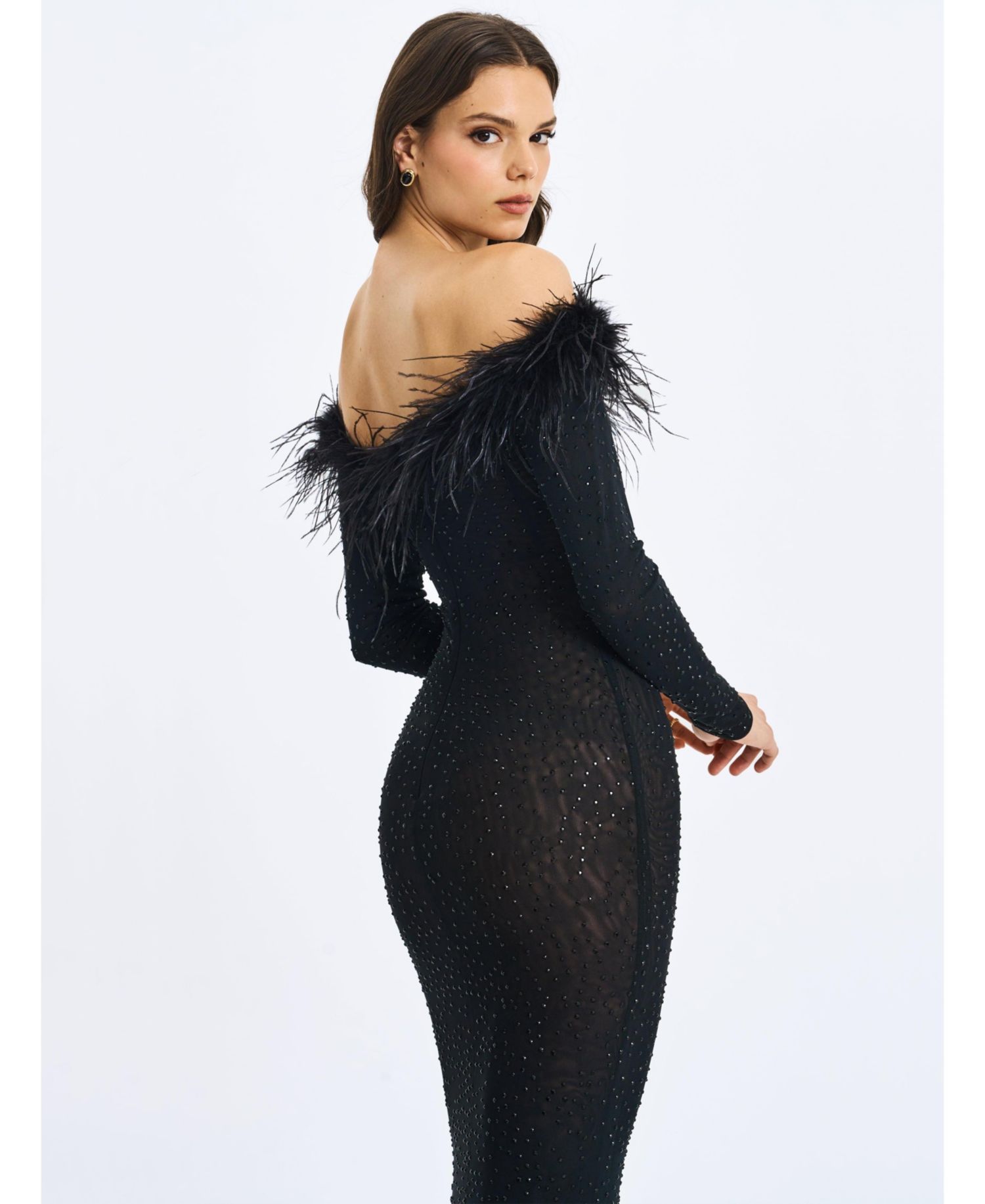 Women's Emberly Black Faux Fur Trimmed Off-Shoulder Rhinestone Mermaid Maxi Dress