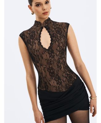 Women's Valerie Black Lace Teardrop Neckline Ruched Mini Dress