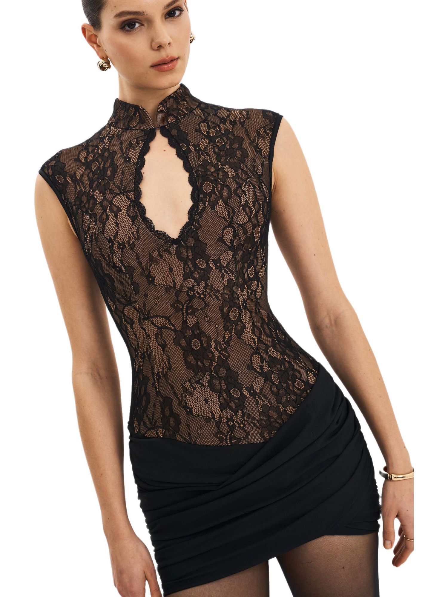 Women's Valerie Black Lace Teardrop Neckline Ruched Mini Dress