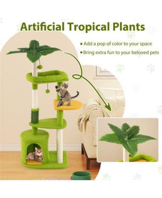 Tropical-Themed Cat Tree with Self-Grooming Brush, 48-Inch Space-Saving Design with Scratching Posts, Green and Orange Leaves