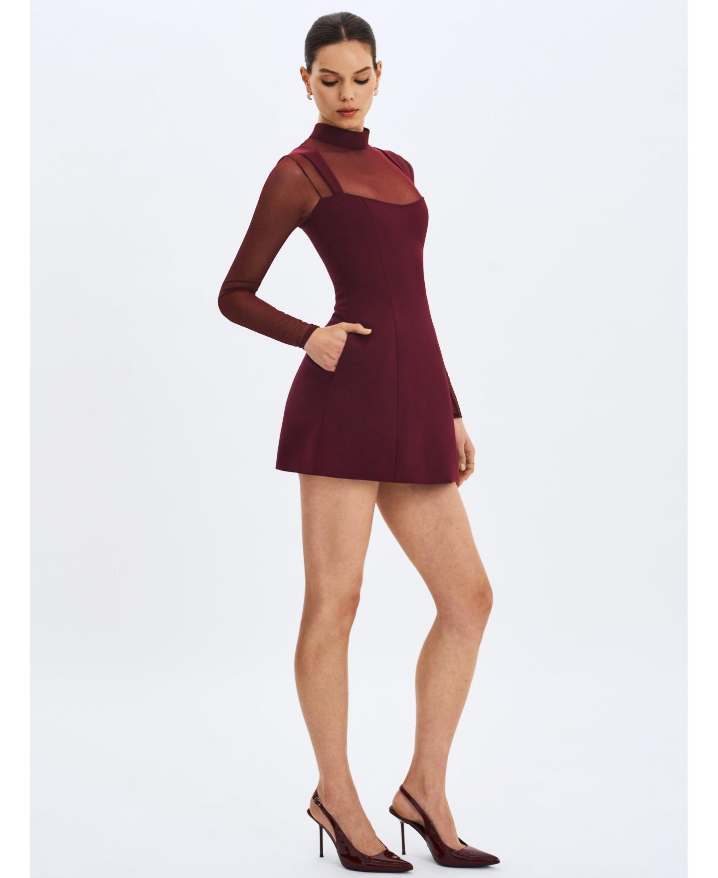 Женское платье Miss Circle Natasha Burgundy Faux Two-Piece Turtleneck Mini, цвет: Бордовый — фото 8