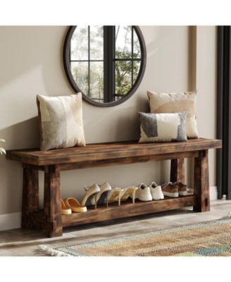 55" Solid Wood Entryway Bench with Shoe Storage, Rustic Charred Wood Grain Foyer Bench with Open Shelf