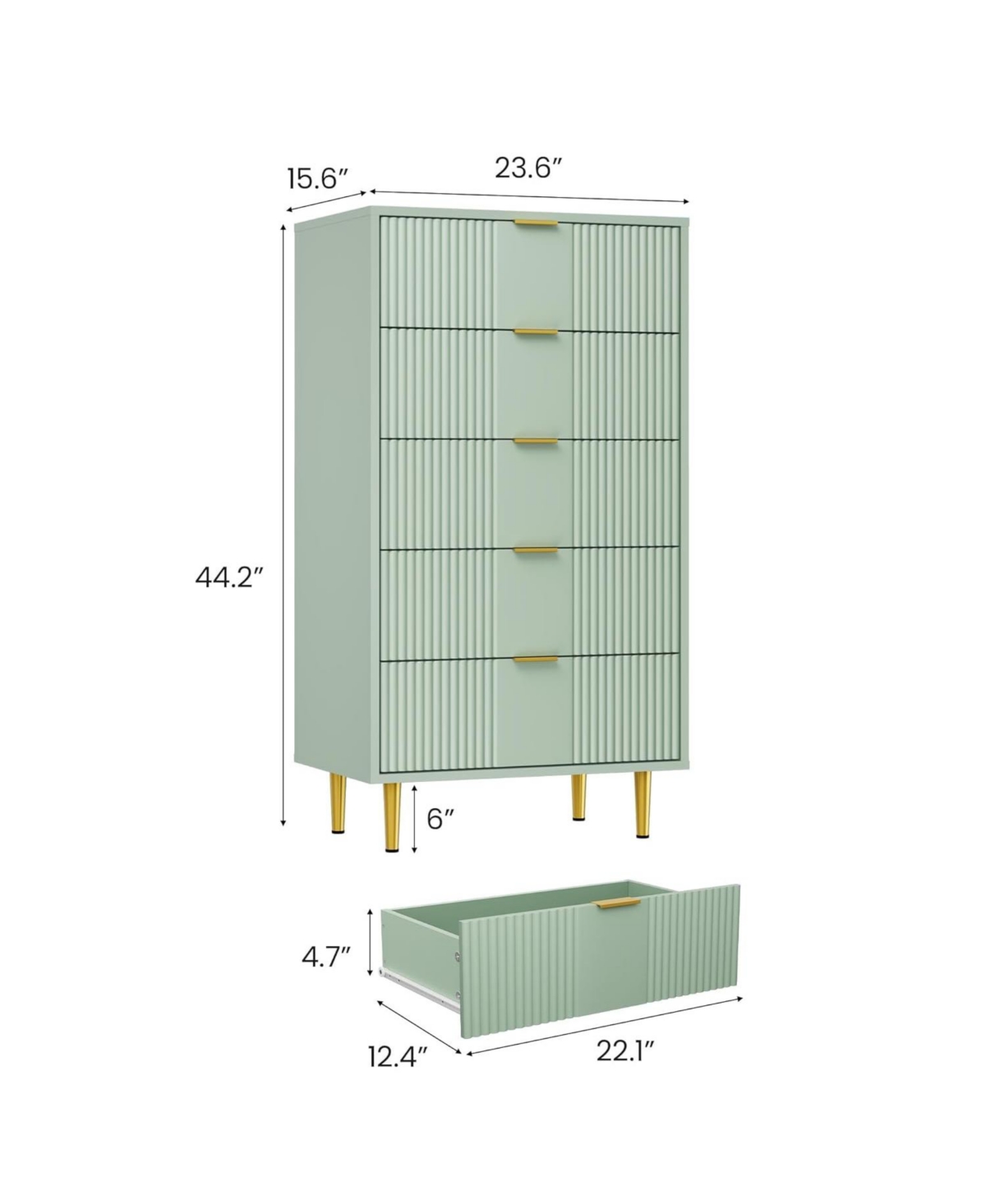 gaomon Fluted Dresser for Bedroom with 5 Drawers, 44.3" Tall Modern Chest of Drawers with Metal Handle
