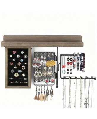 4-in-1 Wall Hanging shelves: Wood Shelf, Ring Box, Peg Board, Rotating Necklace Rack