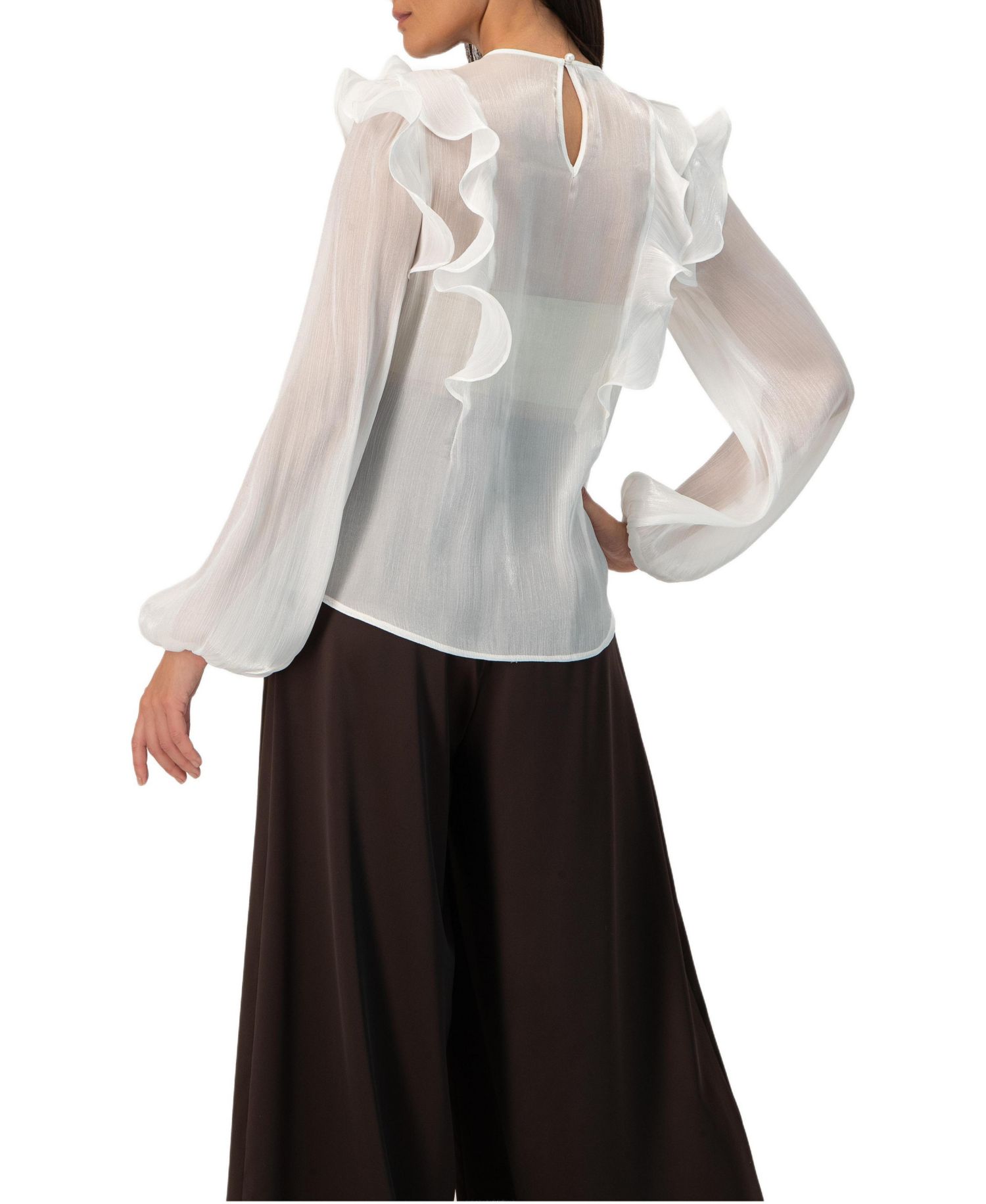 Women's Long Sleeve Sheer Blouse with Ruffle Detail
