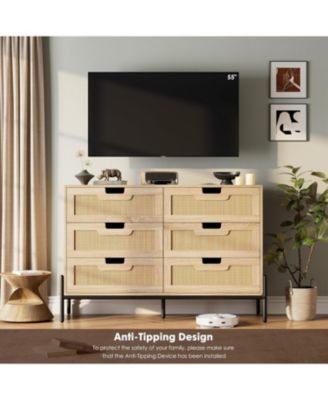 Rattan 6 Drawer Dresser for Bedroom, Modern Farmhouse Wooden Storage Cabinet with Legs, Dressers & Chests of Drawers