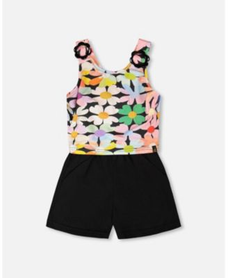Girl Sleeveless Jersey Jumpsuit Black Printed Flowers - Child