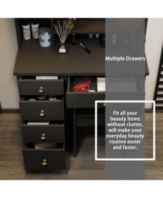 Light Mirror 5-Drawers Black Wood Makeup Vanity Set Dressing Desk