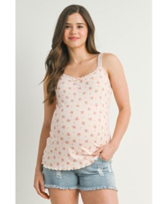 Maternity Ribbed Floral Lace Trim Cami Tank Top