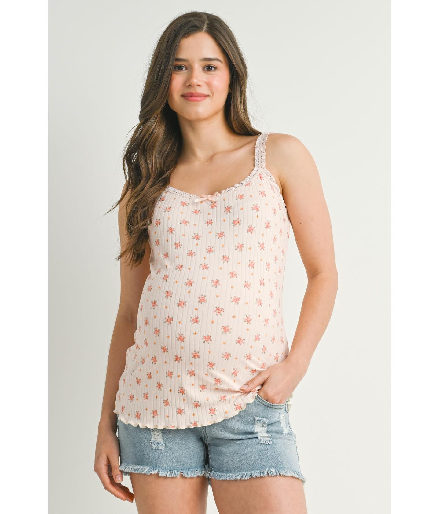 Женский топ Hello Miz Maternity Ribbed Floral Lace Trim Cami Tank Top, цвет: Пудровый — фото 1