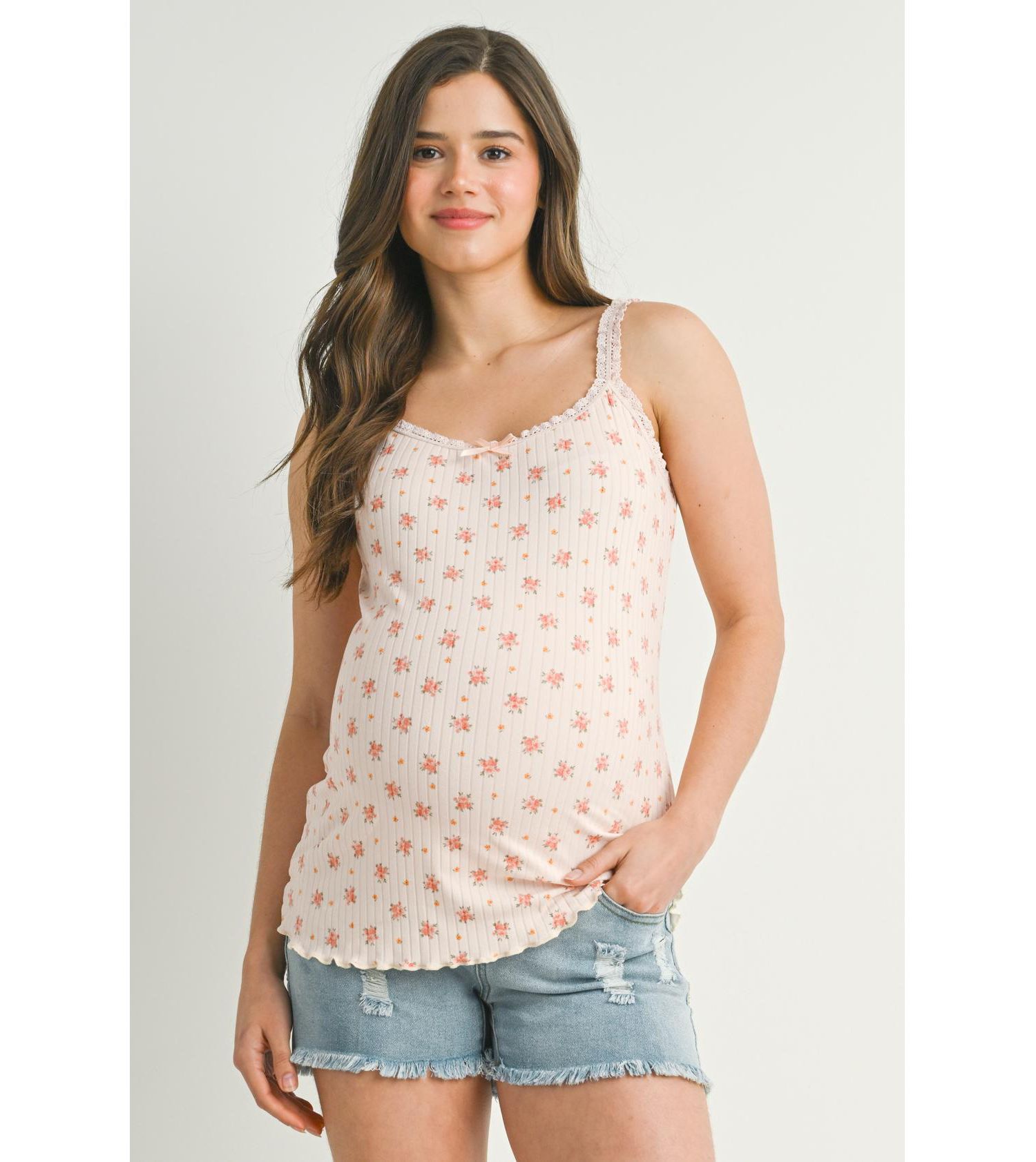 Maternity Ribbed Floral Lace Trim Cami Tank Top