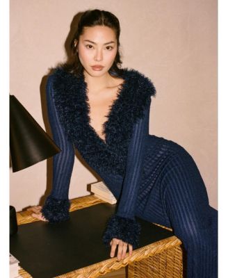 Women's Romina Navy Plunging Fur Trimmed Crochet Maxi Dress