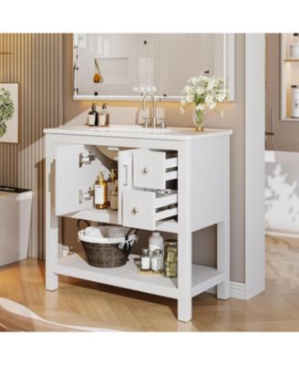 36" Bathroom Vanity with Sink, Modern Freestanding Vanity with Ceramic Porcelain Basin, 2-Door Storage Cabinet & Open Shelf