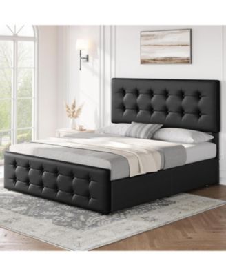 Queen Size Bed Frame with 4 Storage Drawers and Linen Upholstered Headboard,Button Tufted Design, No Box Spring Needed, Dark
