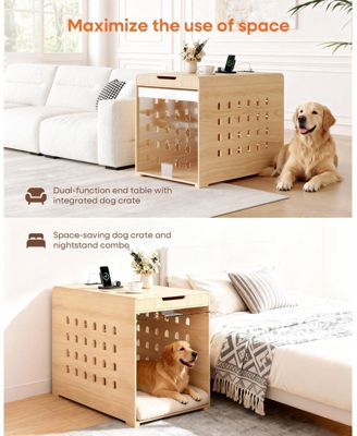 37-Inch Oak Dog Crate Furniture with Charging Station, Large Indoor Wood Kennel Side Table with Flip Up Acrylic Door