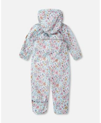 Baby Girl Mid-Season One-Piece Outerwear with Hat Blue Mini Flower Print